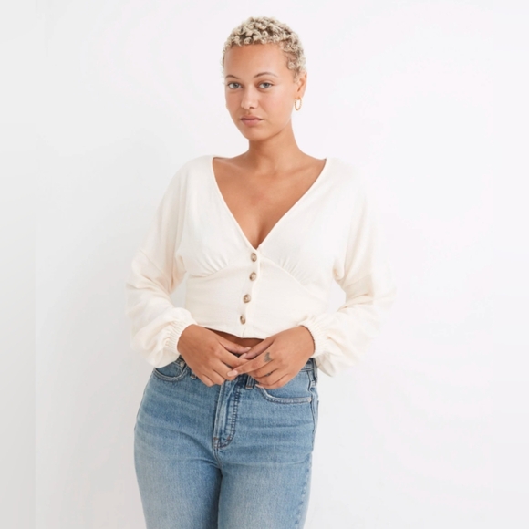 Madewell Deep-V Button-Front Crop Top NG595 100% Cotton Ivory Size Large - Picture 1 of 5